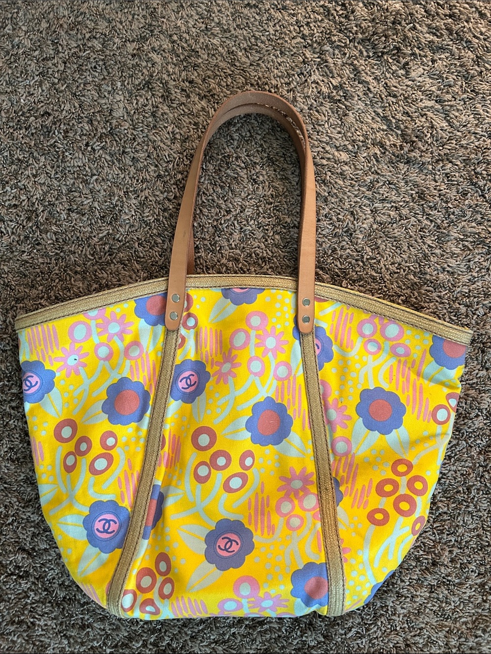 Chanel Floral Canvas Tote with Tan Leather Handles